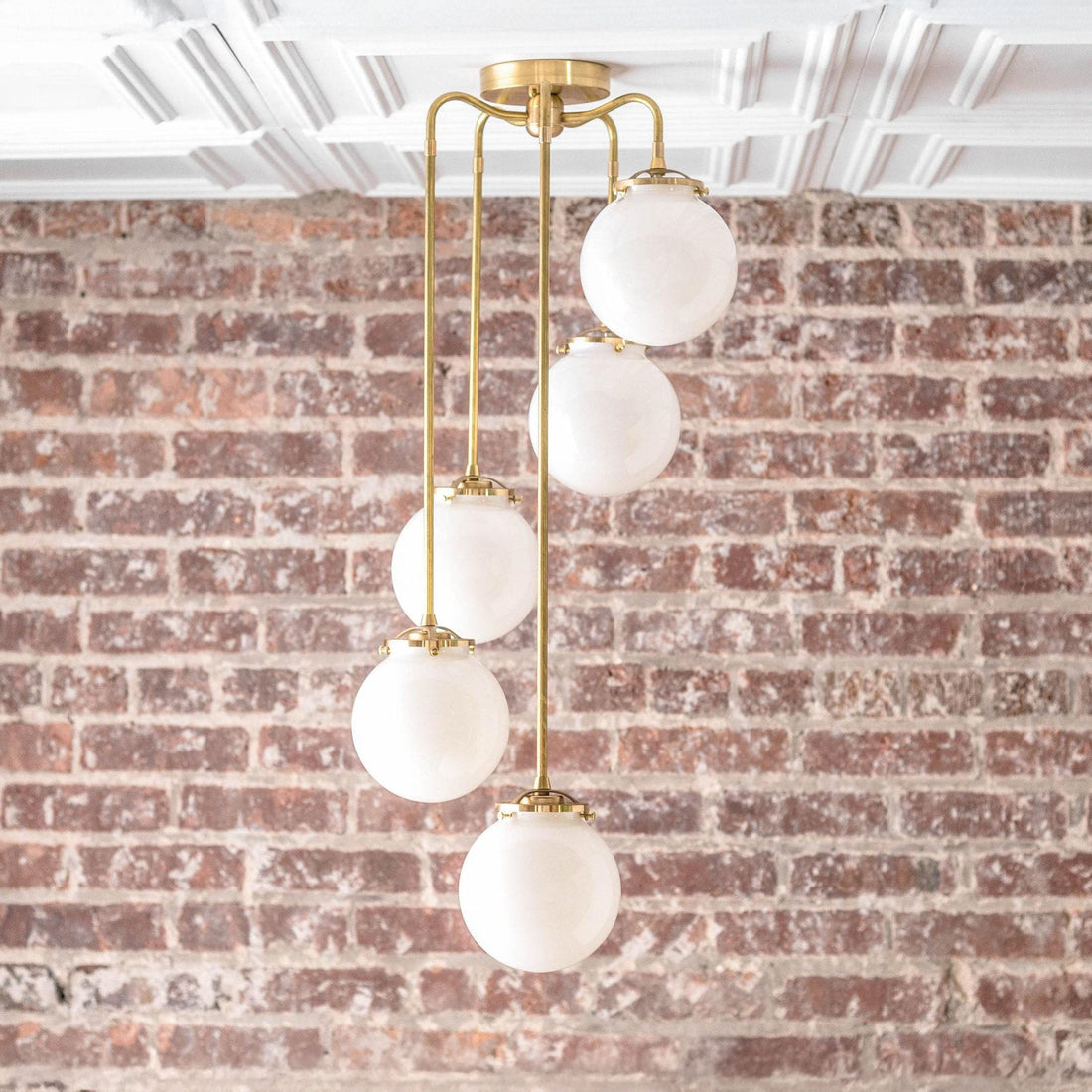 Glorica Glass 5 Globe Chandelier - Brass and Opal Glass Vintage Pendant Light