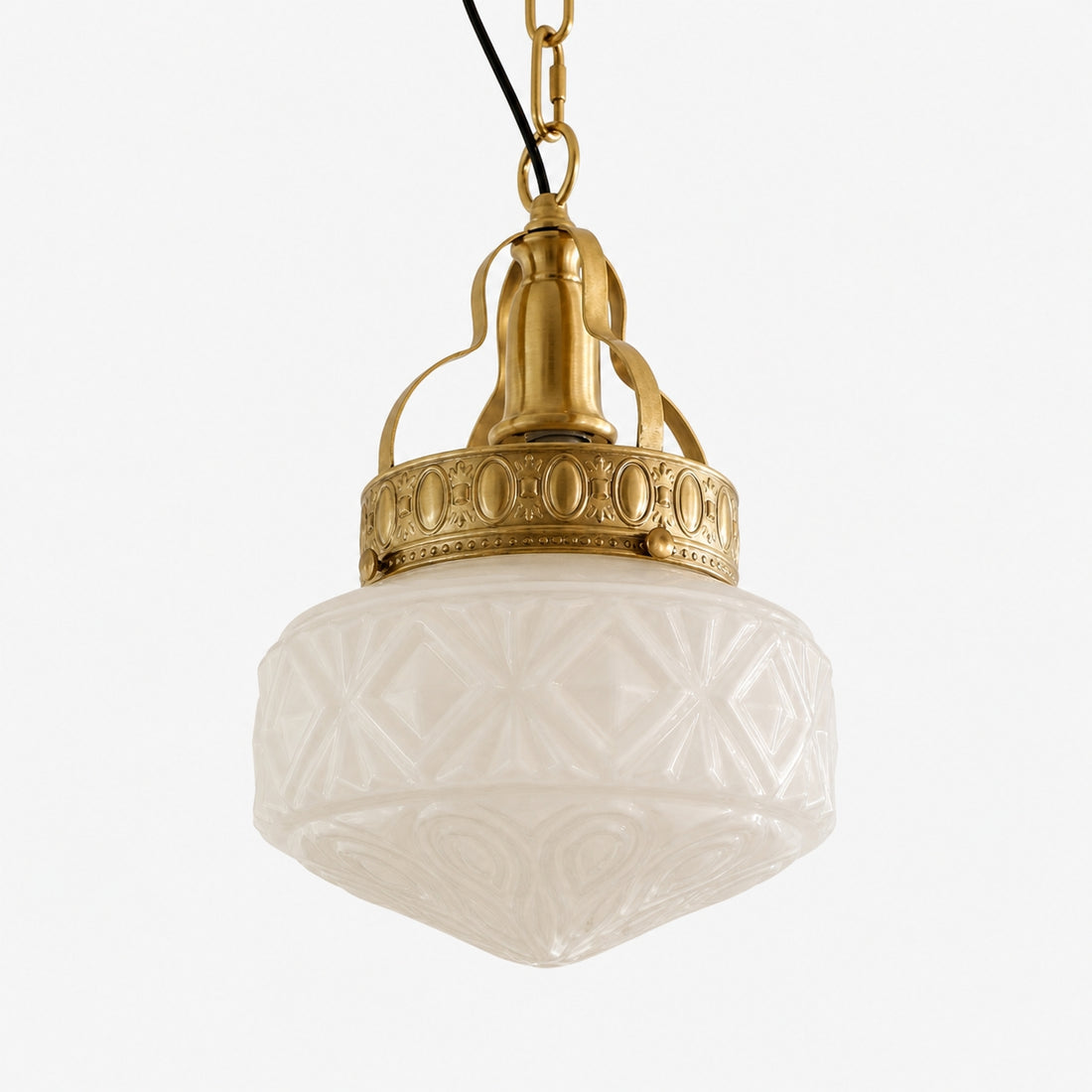 Cream white embossed glass pendant light with brass hardware