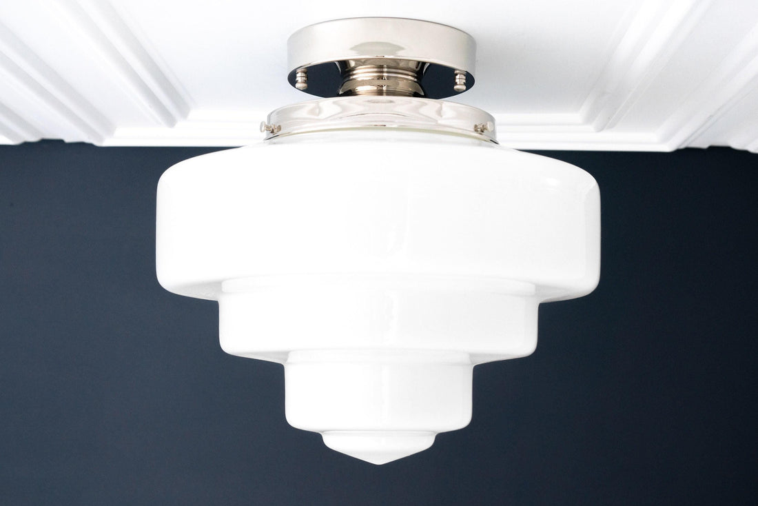 Geotower Glass Brass Ceiling Lamp – Handblown Opal Glass Globe Light