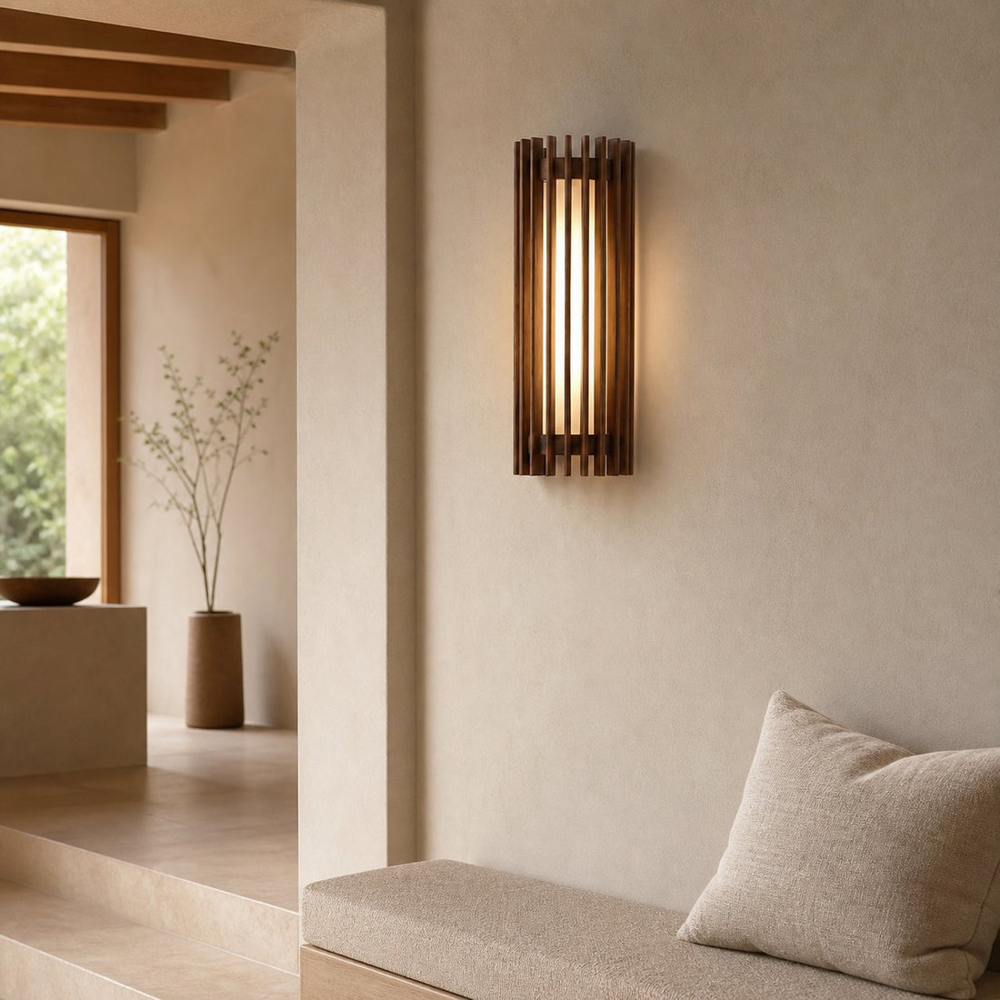 Boskelux Walnut Wall Lamp – Curved Backplate and Diffused Glow for Living Rooms or Hallways