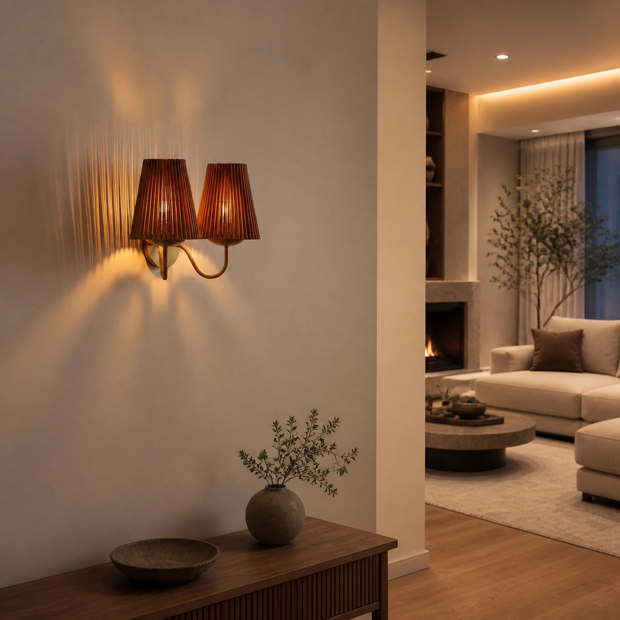 Zhoove Bamboo Wall Lamp - Pleated Natural Shade Design for Living Room or Bedroom