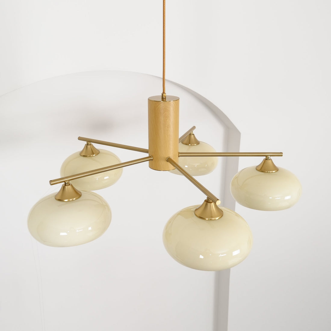 Bowl Shaped Multi - Head Chandelier With Wooden Decoration