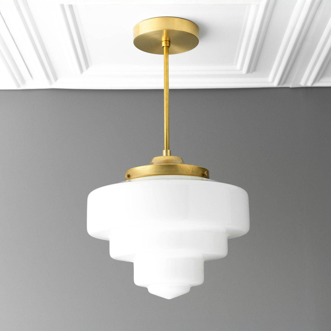 Geotower Glass Brass Pendant Light – Art Deco Opal Globe Ceiling Fixture