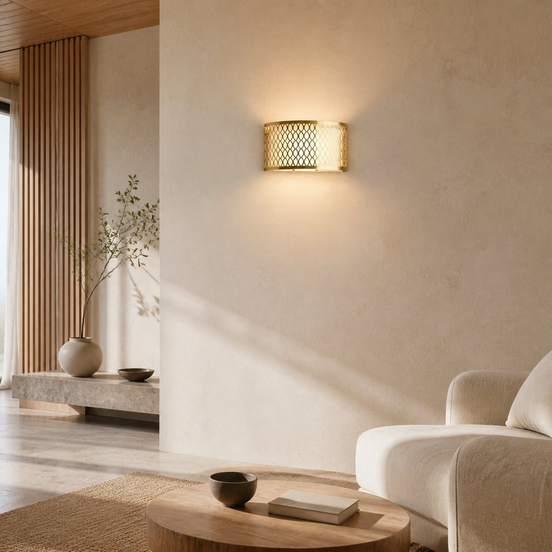 Liorin Fretwork Wall Light - Modern Curved Metal and Fabric Shade Sconce for Hallway or Bedroom