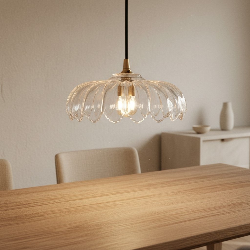 Floriaxis Floral Glass Pendant Light - Floral Glass Shade with Braided Cable for Kitchen or Dining