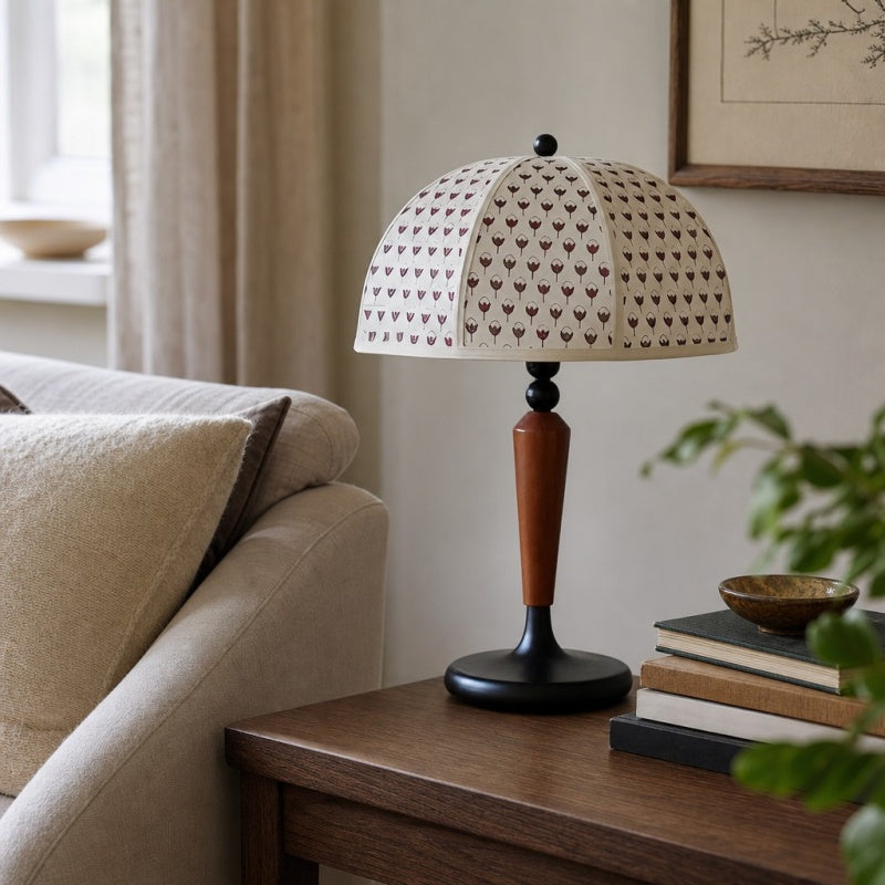 Solmire Table Lamp - French Vintage Fabric Dome Shade with Wood and Metal Base for Bedroom and Living Room