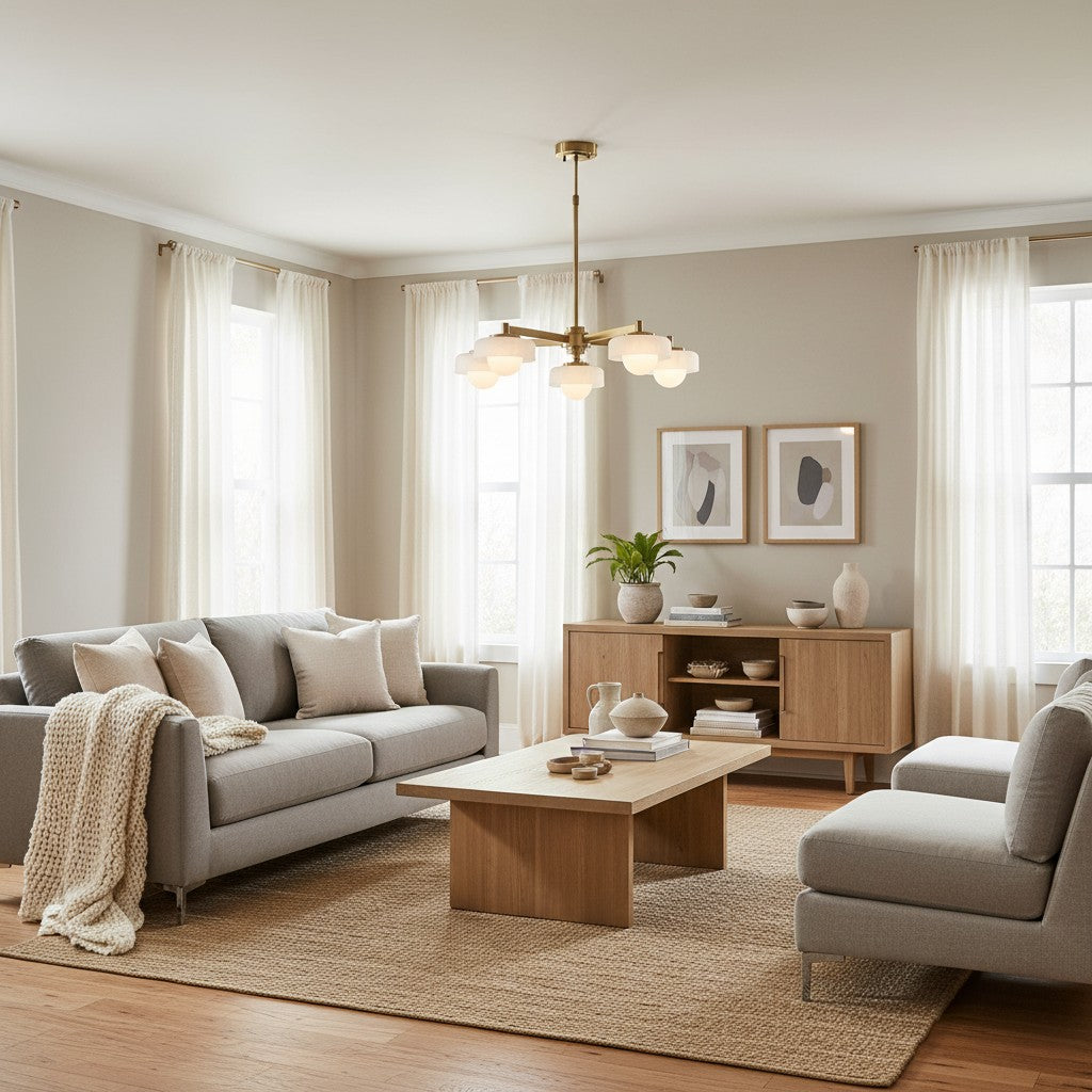 Zirvos Pendant with Frosted Opal Globes and Brushed Brass Frame for Living and Dining