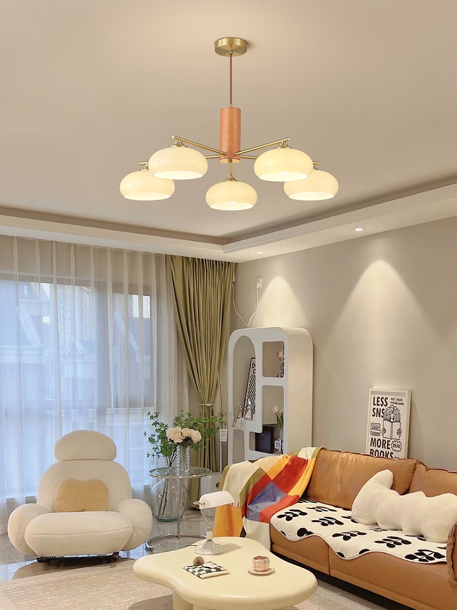 Bowl Shaped Multi - Head Chandelier With Wooden Decoration