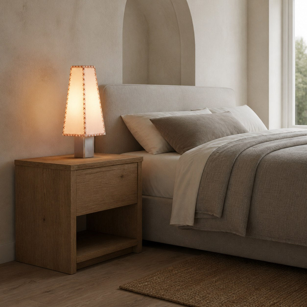 Modern Geometric Metal Table Lamp – Parchment Shade for Bedroom Nightstand Lighting