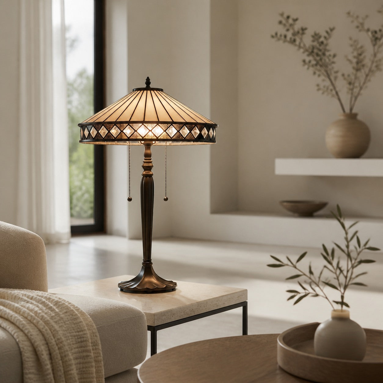 TF Fargo Geometric Tiffany Style Lamp — Amber and Cream Glass Accent Lighting for Bedroom or Study