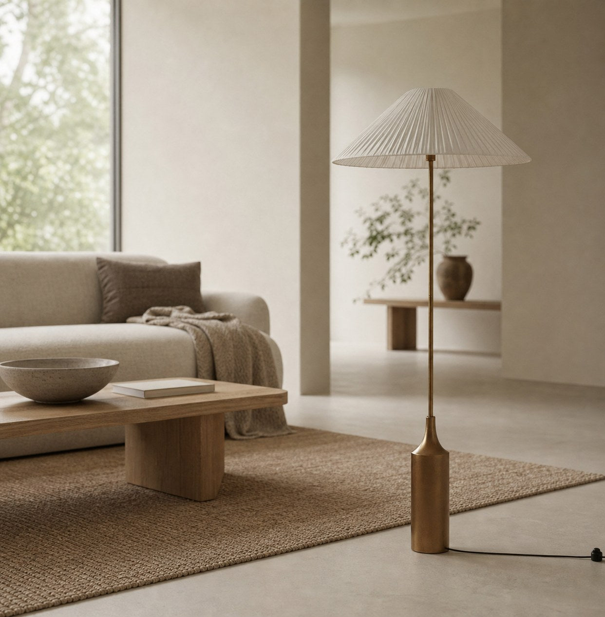 Lindi - aged brass and linen scalloped floor lamp
