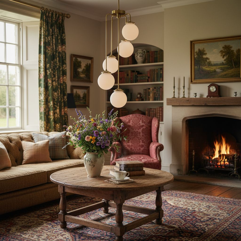 Glorica Glass 5 Globe Chandelier - Brass and Opal Glass Vintage Pendant Light