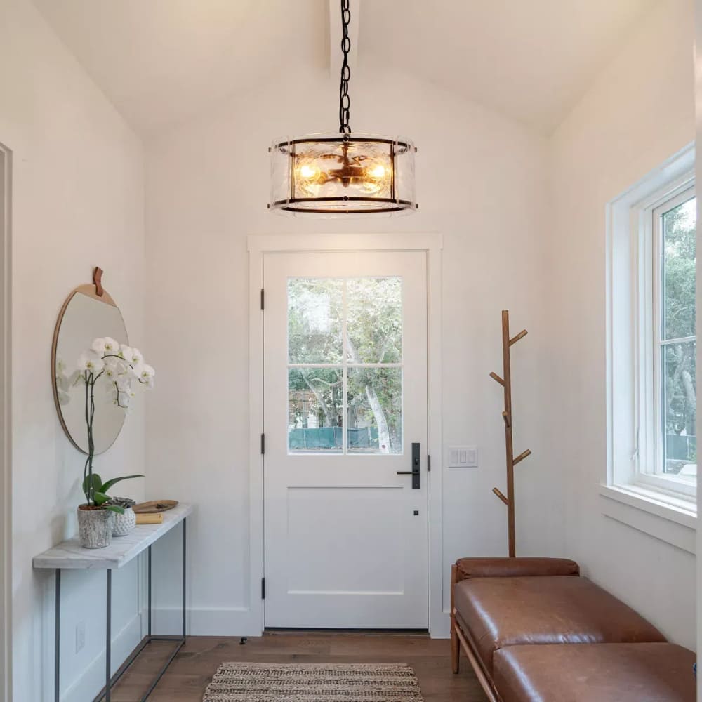 Water Ripple Drum Pendant Light - Matte Black Clear Glass 3-Light Chandelier