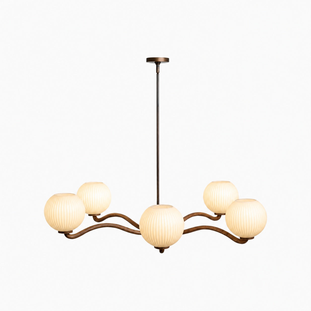 Shella Contemporary Five‑Globe Chandelier – Wood Metal Glass Pendant Lighting for Bedroom or Dining