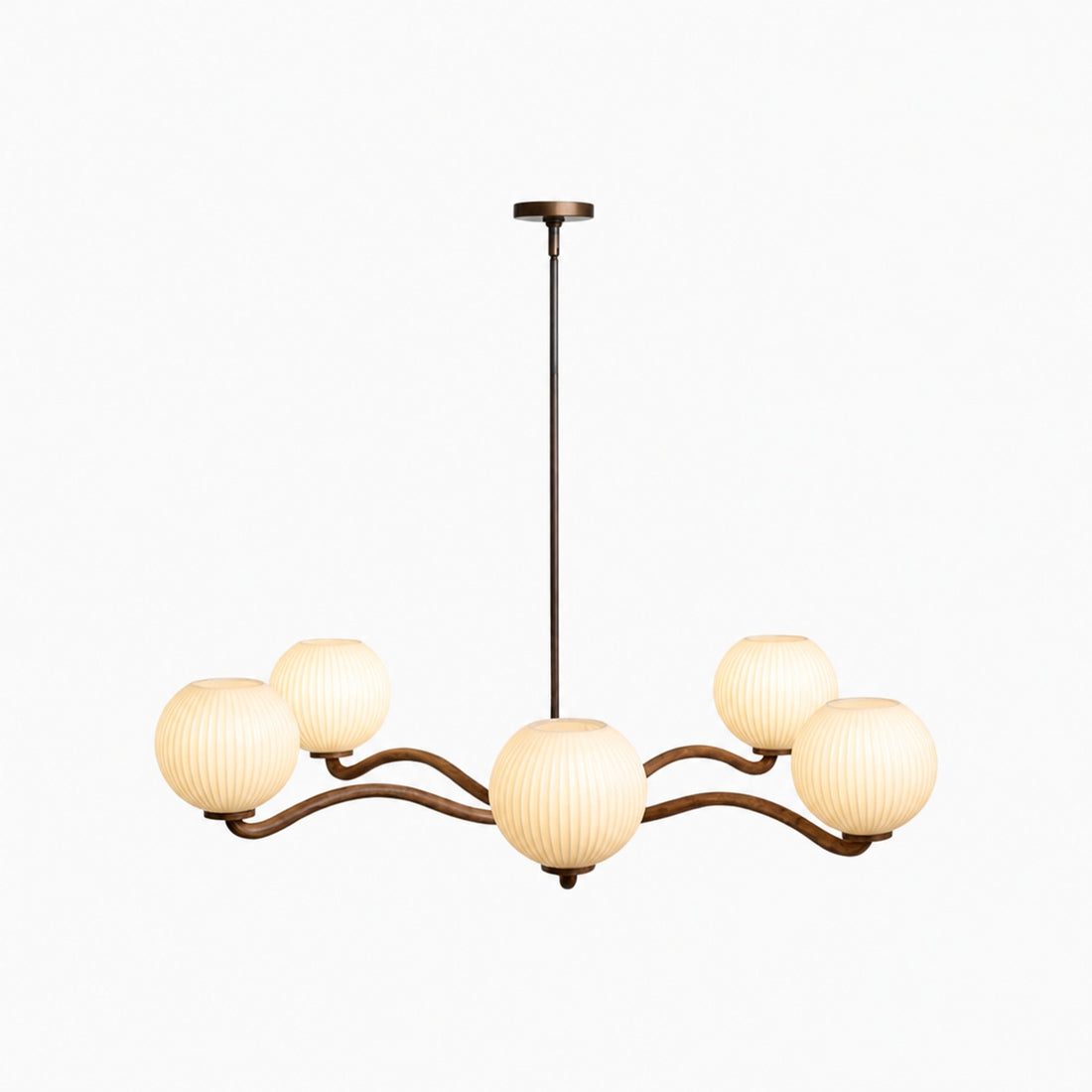 Shella Contemporary Five‑Globe Chandelier – Wood Metal Glass Pendant Lighting for Bedroom or Dining