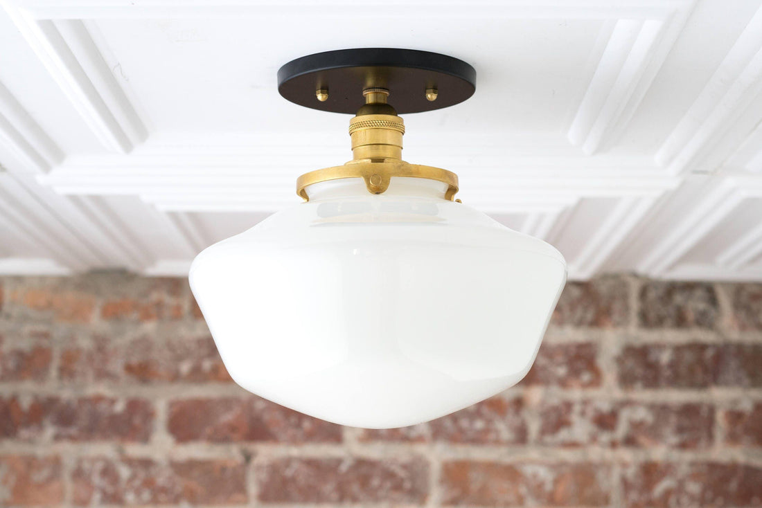 Geotower Glass Brass Ceiling Light - Opal Glass Schoolhouse Shade - Modern Elegance