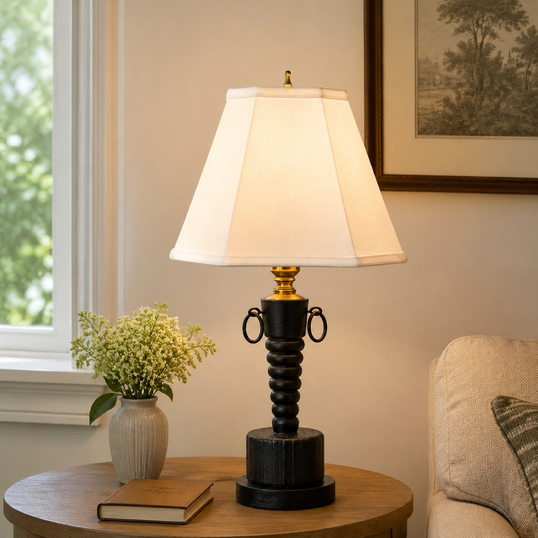 Vintage Black Wood Table Lamp with White Fabric Shade