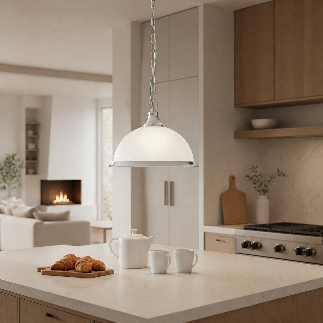 TF Vintora Ribbed Glass Pendant Light – Elegant Metal Trim for Kitchens, Dining Areas and Hallways