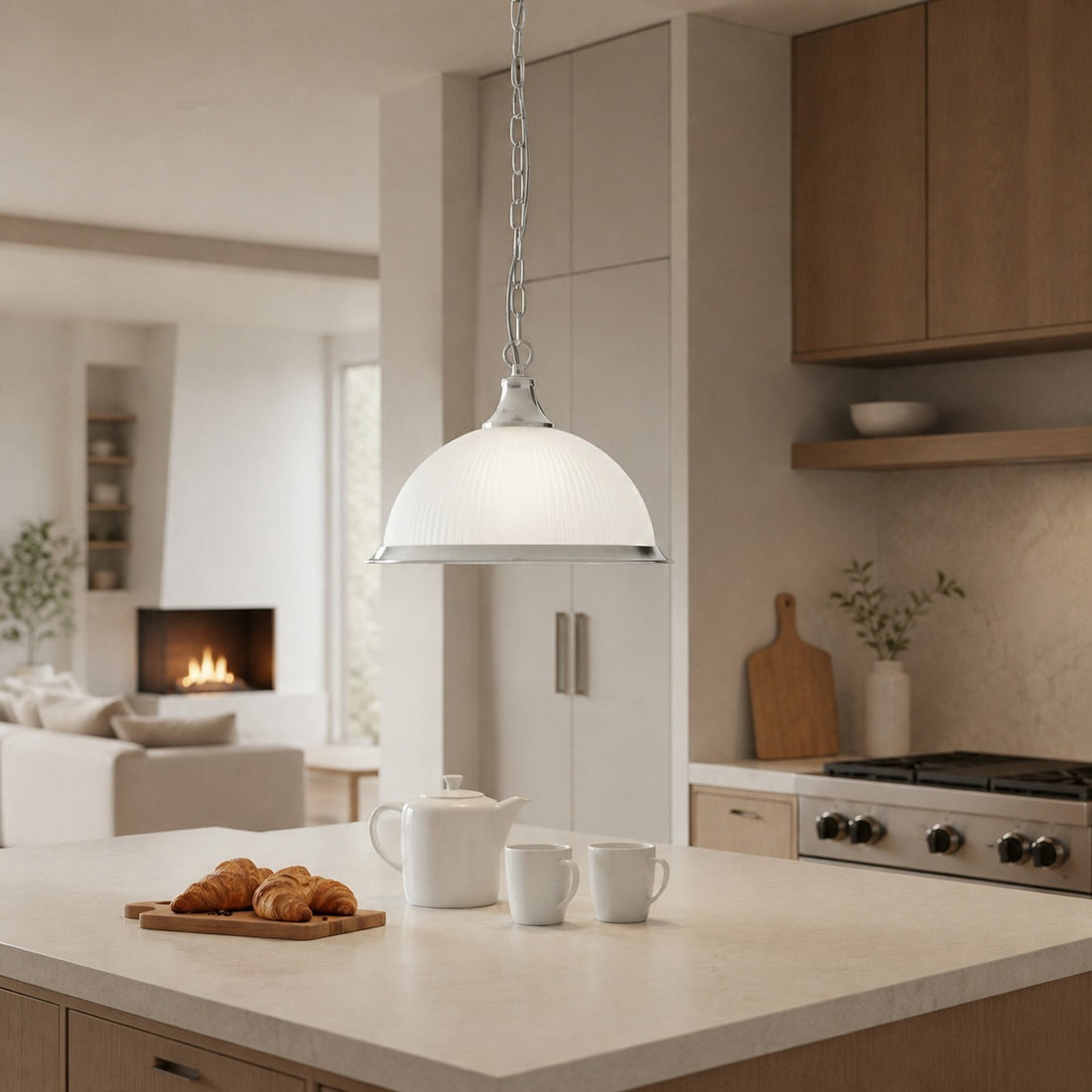 TF Vintora Ribbed Glass Pendant Light – Elegant Metal Trim for Kitchens, Dining Areas and Hallways