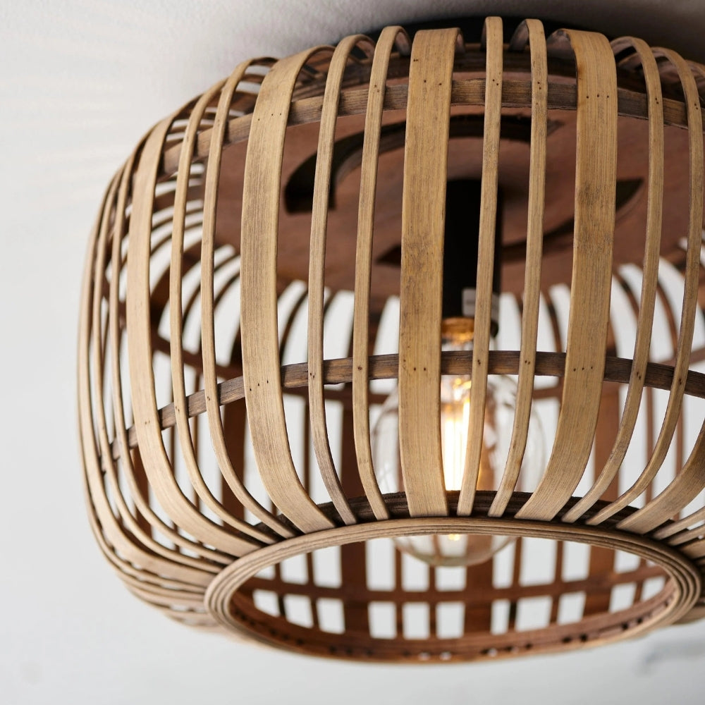 Yumeko Natural Bamboo Flush Ceiling Light - Organic Cage Design Sustainable for Living Room