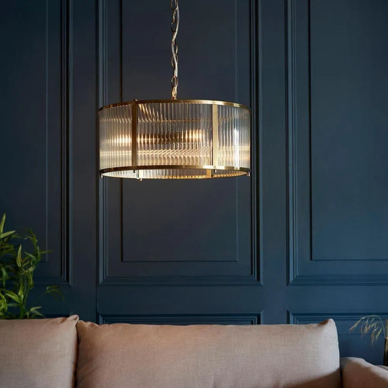 Ribbed Glass Brass Pendant Lamp - Antique Brass Light