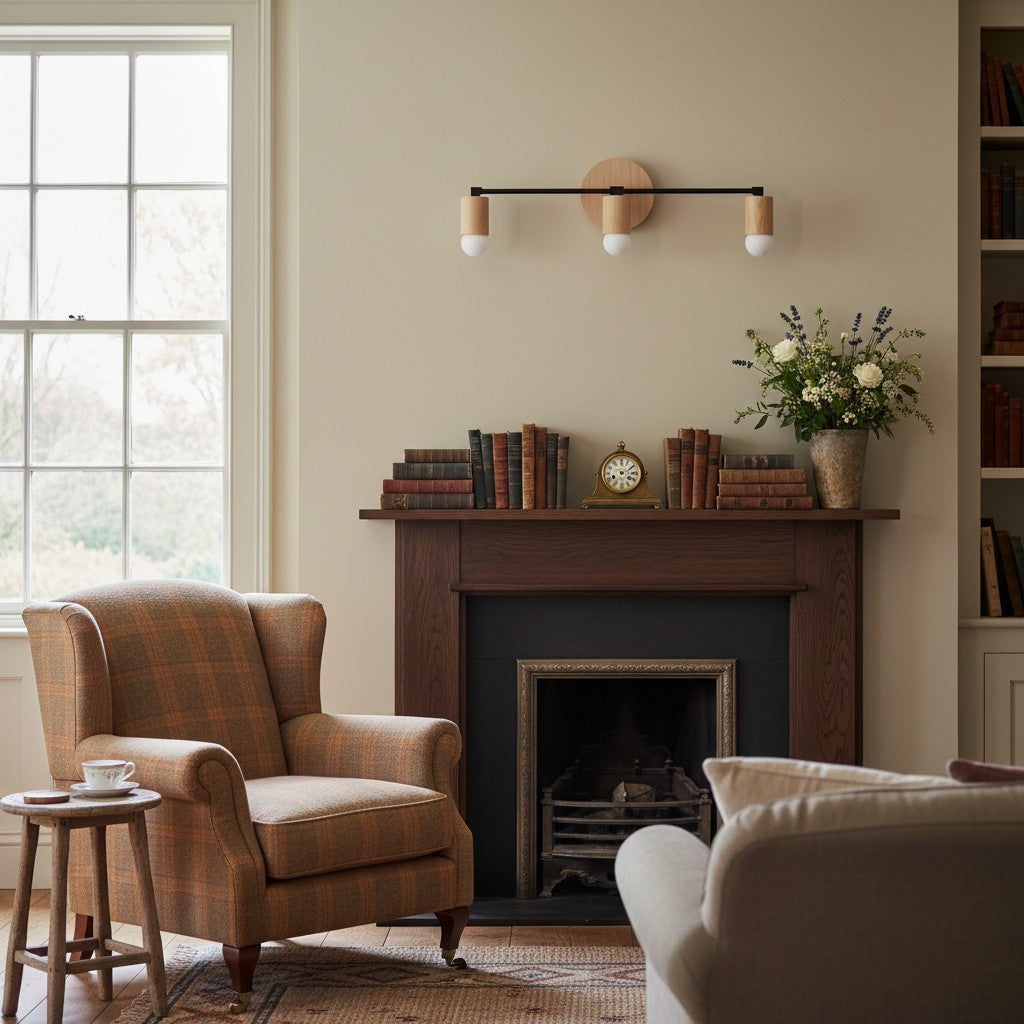 Lumen Woodgrain Frame Boho Wall Lamp – Multi Finish Vanity Lighting Solution