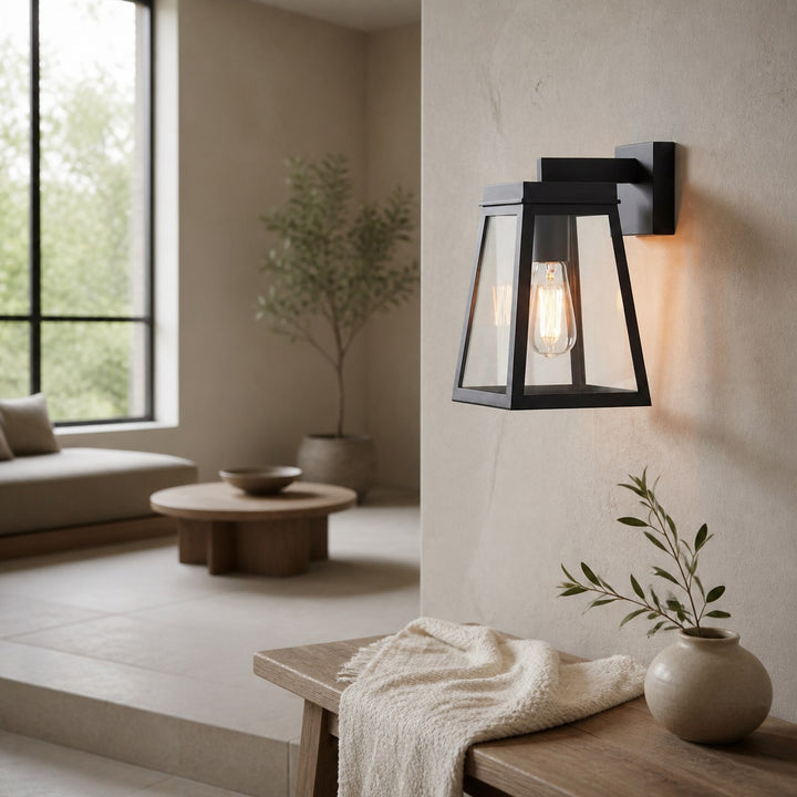 Trevanta Clear Glass Black Outdoor Lantern Wall Light - Modern Exterior Lighting