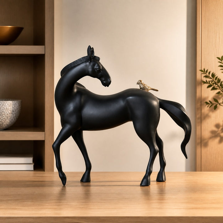 Equora black horse with copper bird resin sculpture