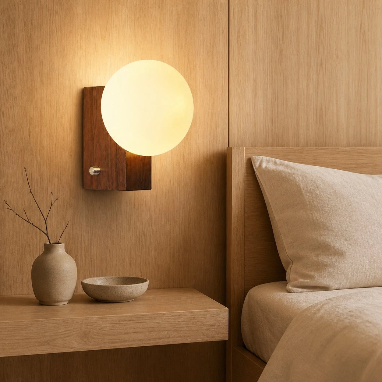 Walnut folded globe wall sconce beside a bed