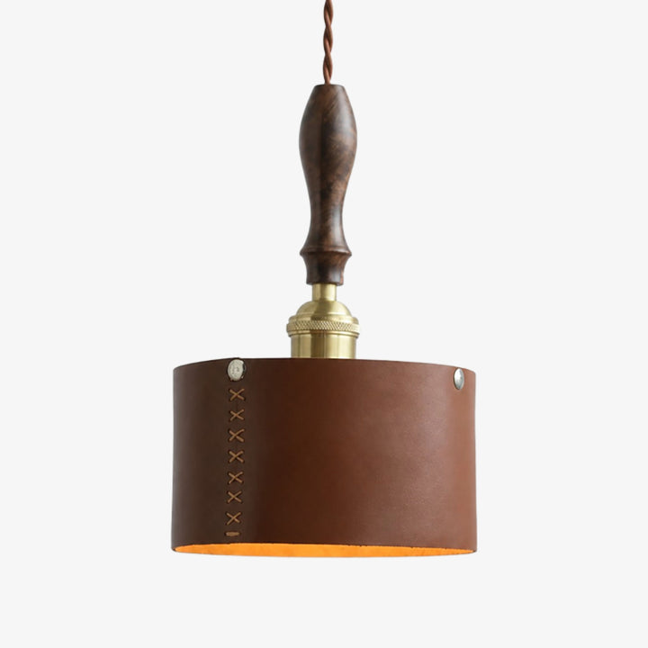 Dark brown stitched leather pendant lamp with wood handle