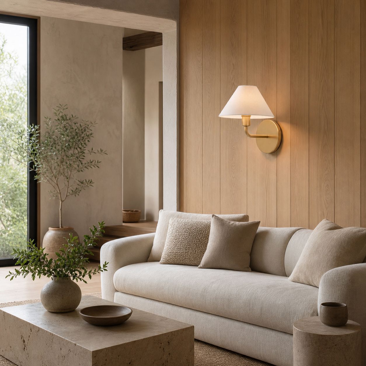 Gilda Fabric Drum Shade Wall Sconce - Modern Brass Accent Light for Bedroom and Hallway