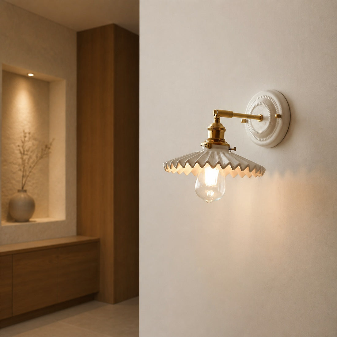 Vintage Japanese Ceramic Brass 1-Light Wall Sconce Lamp
