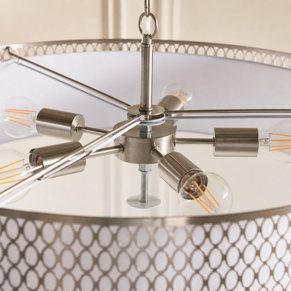 Liorin Geometric Pendant Lamp – Modern Fretwork Metal and Fabric Shade Pendant for Interiors