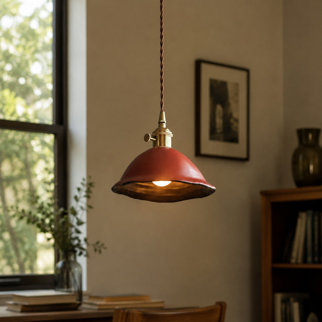 Vintage Dual-Glaze Ceramic Pendant Light with Brass Fittings