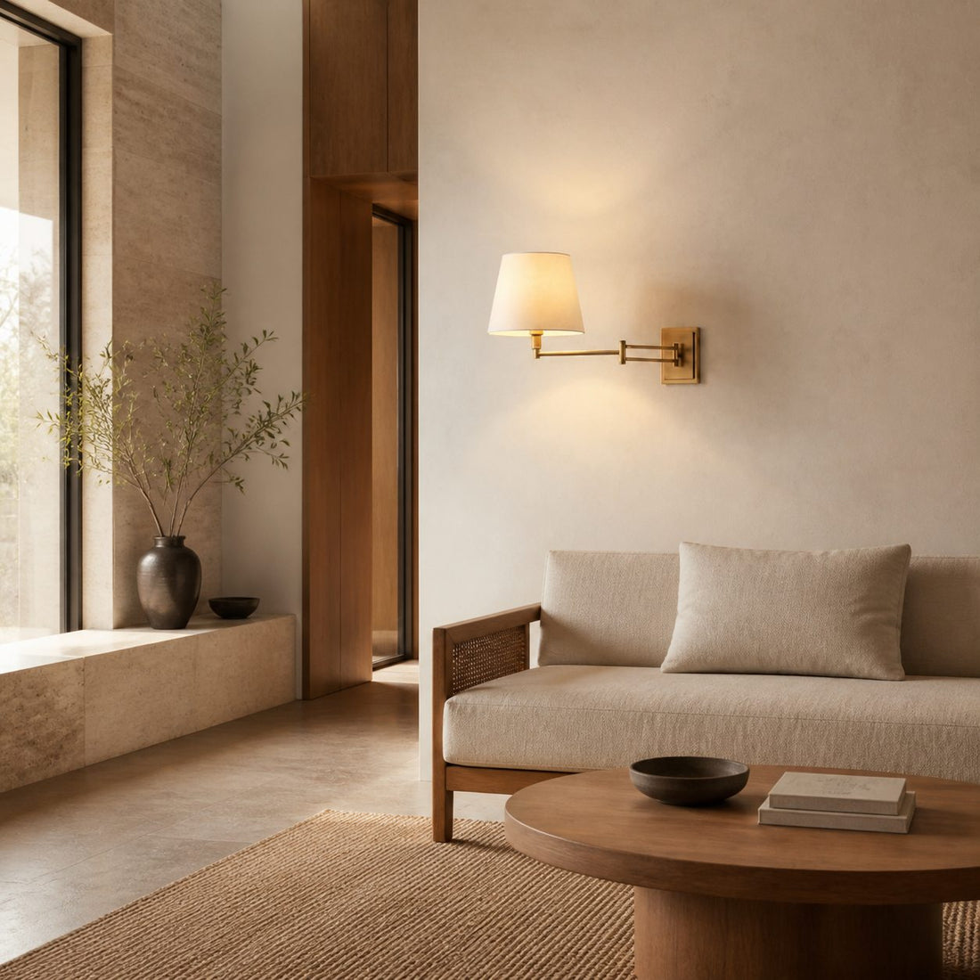 Arcuma Modern Adjustable Arm Wall Sconce with Linen Shade - Contemporary Metal Lighting for Living Room