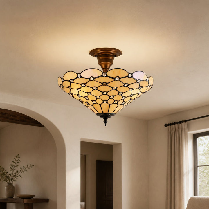 TF Pearl Handcrafted Tiffany Ceiling Light – Art Deco Stained Glass Light for Hallway or Living Room