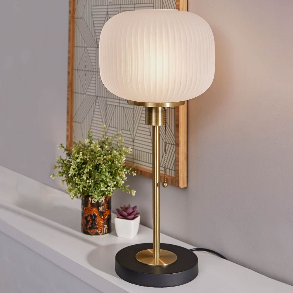 Pelviona Ribbed Glass Table Lamp - Brass & Black Metal Base - Must-Have for Home Styling