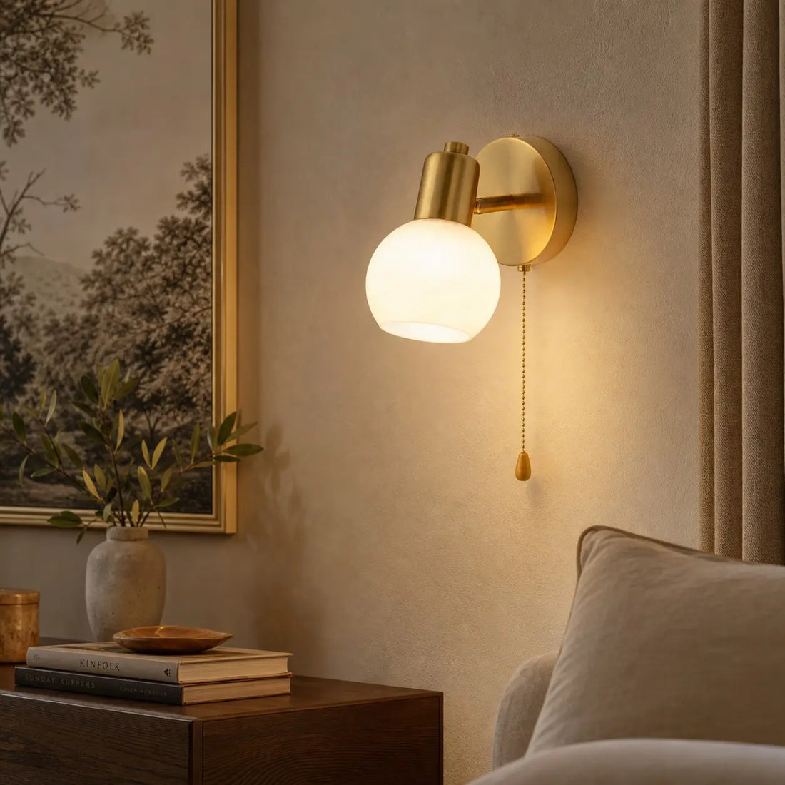 Pull-chain wall sconce styled in a bedroom