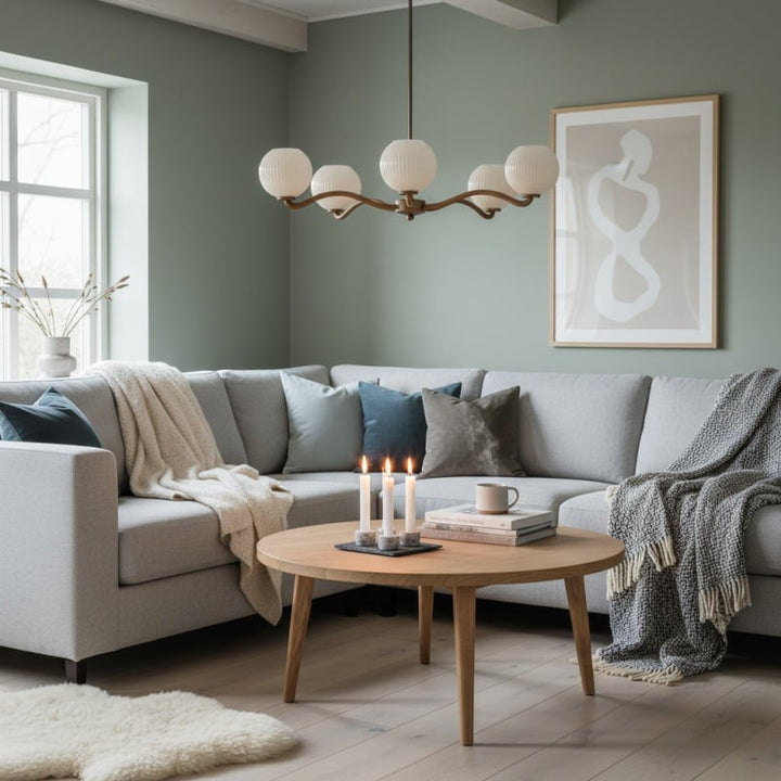 Shella Contemporary Five‑Globe Chandelier – Wood Metal Glass Pendant Lighting for Bedroom or Dining