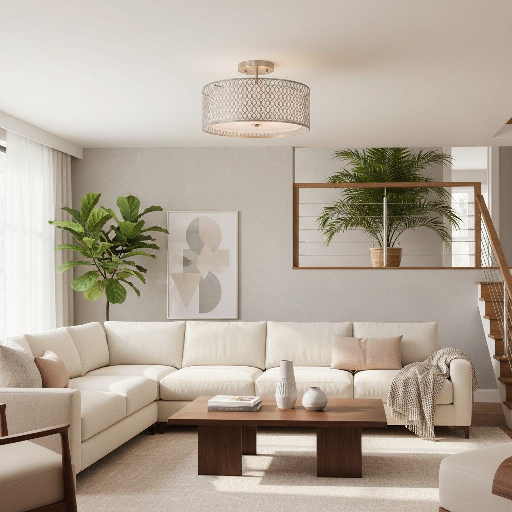 Liorin Geometric Mesh 3‑Light Flush Ceiling Light - Mesh Metal Frosted Glass Lamp for Living Room or Hallway