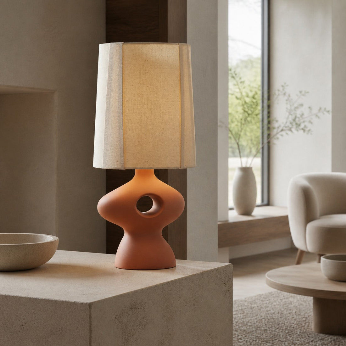 Pryssa Ceramic Table Lamp with Ivory Linen Shade -  Artistic Lighting for Living Room or Bedroom