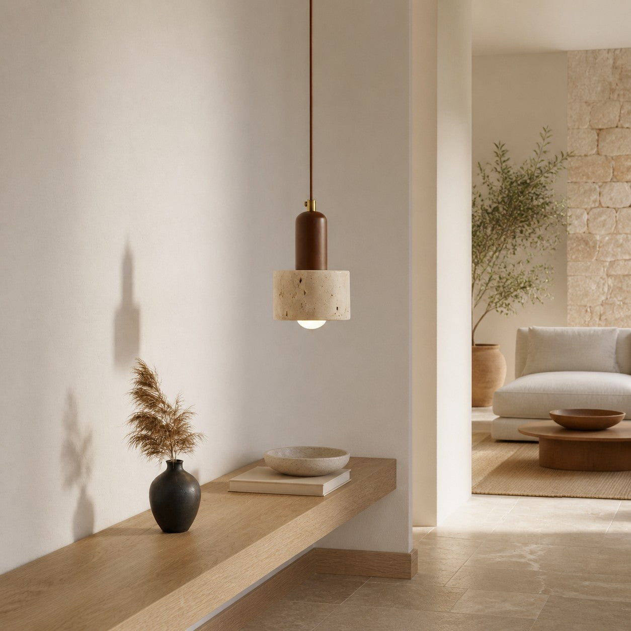 WabiLum Minimalist Japanese Travertine Wood Pendant Light - Elegant Home Lighting for Bedroom