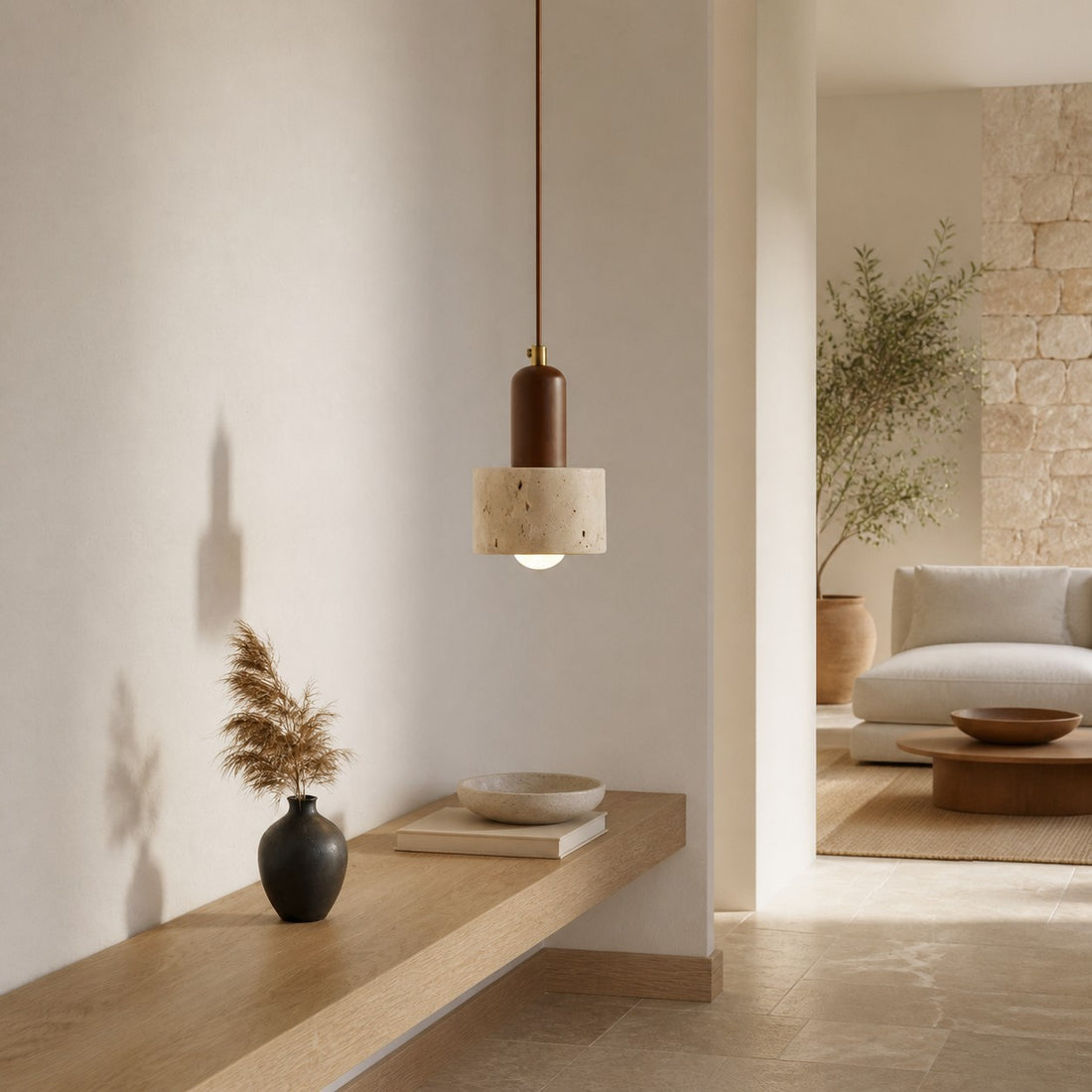 WabiLum Minimalist Japanese Travertine Wood Pendant Light - Elegant Home Lighting for Bedroom