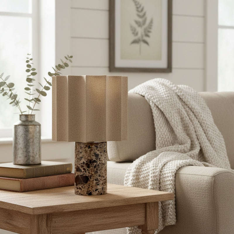 Cavilon Table Lamp with Fan-Shaped Linen Shade - Stone Finishes Suitable for Living Rooms