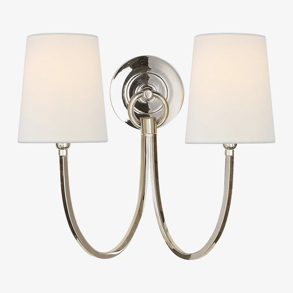 Roven Modern Double Wall Sconce with Curved Arms and Fabric Shades – Classic Accent Lighting for Bedroom