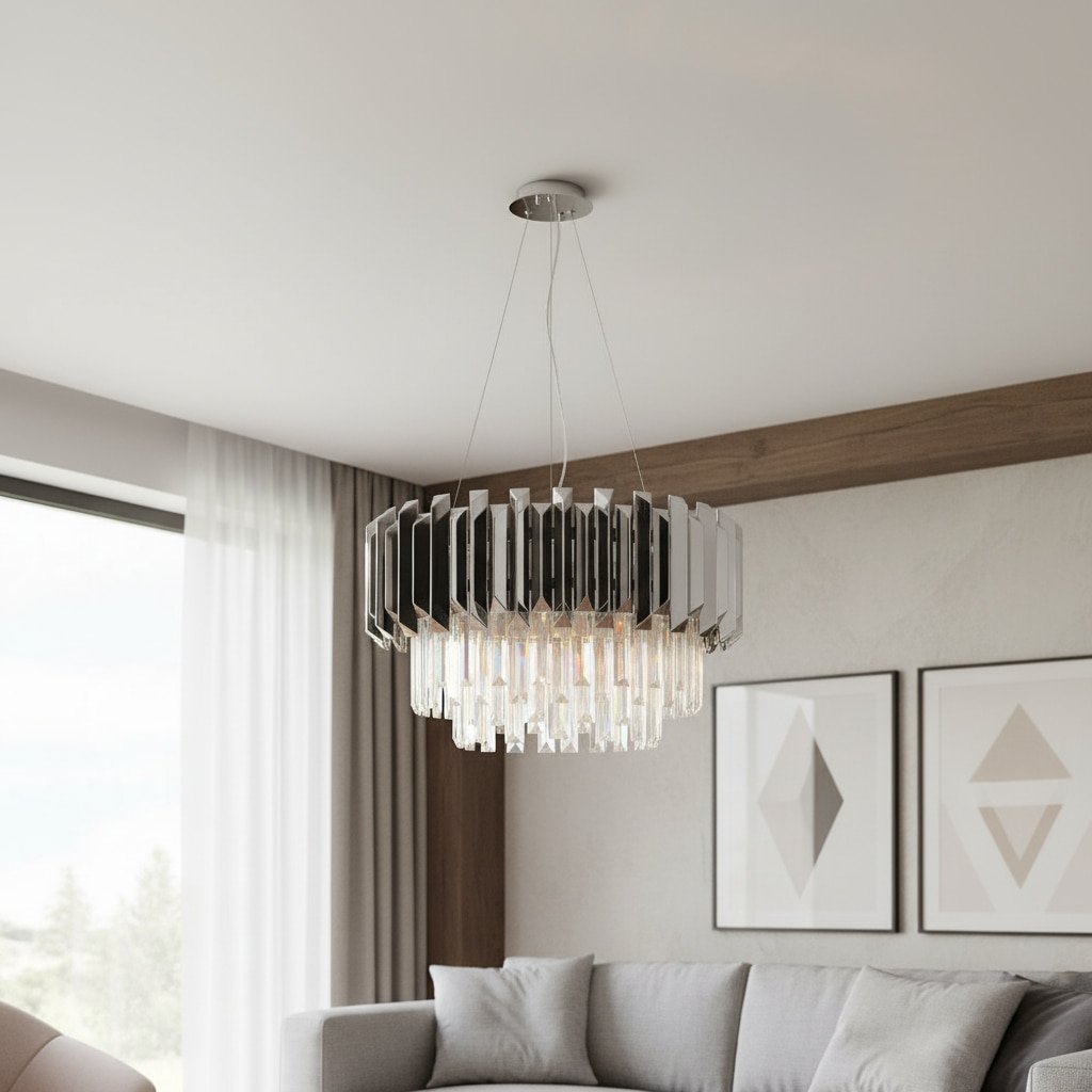 Virelia Contemporary Crystal Pendant Light – Layered Crystal Shade Ceiling Fixture for Dining or Living Room