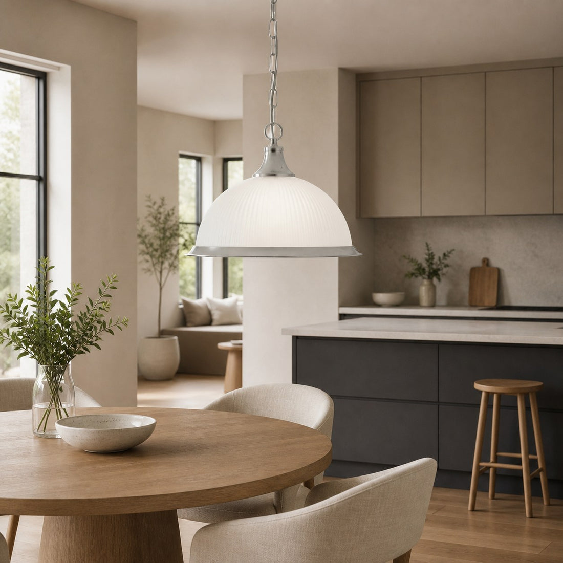 TF Vintora Ribbed Glass Pendant Light – Elegant Metal Trim for Kitchens, Dining Areas and Hallways