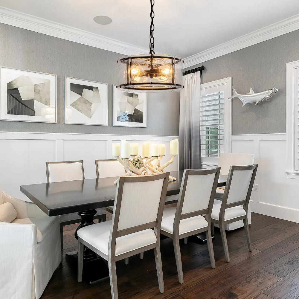 Water Ripple Drum Pendant Light - Matte Black Clear Glass 3-Light Chandelier