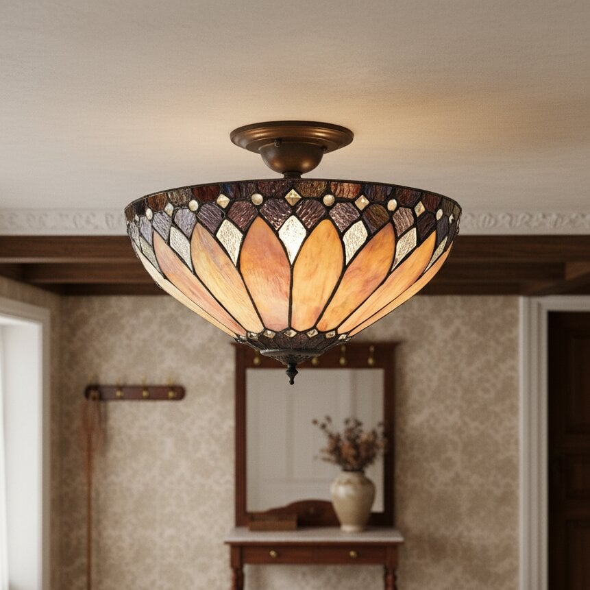 TF Brooklyn Tiffany Semi-flush Ceiling Light - Geometric Glass Shade for Hallways or Living Rooms