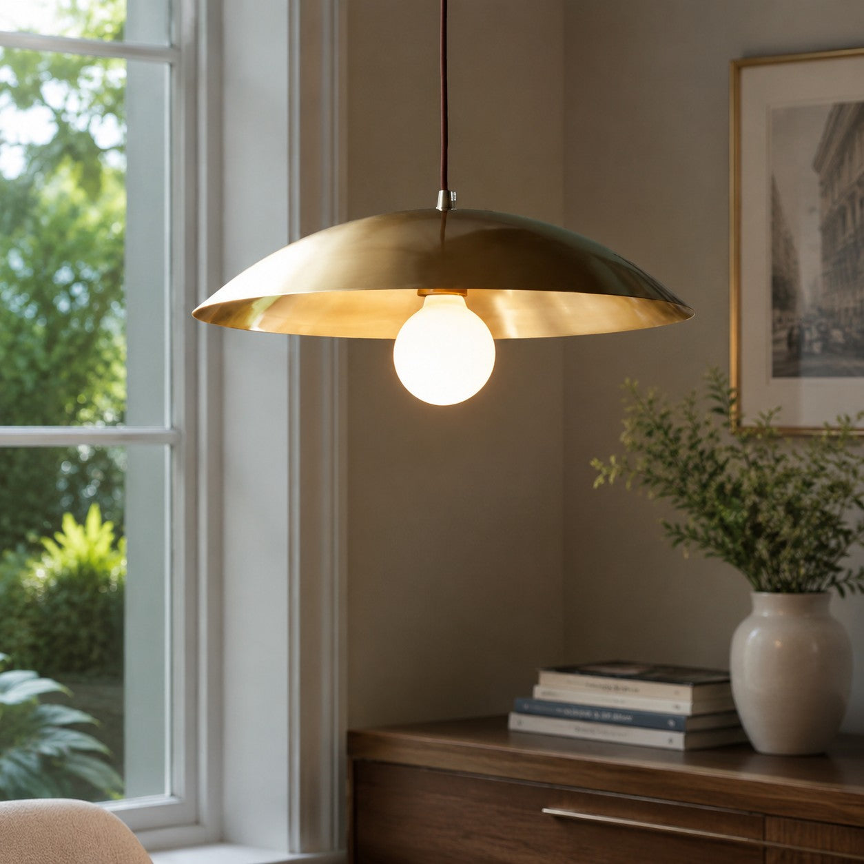 Brushed brass-finish dome pendant light beside a bright window